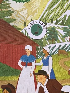 This illustrates what the button to press to make the musical excerpt play looks like. It is a white circle with a coloured circle in the middle (here a green one) and inside the coloured circle is a musical note. This symbol appears throughout the book.