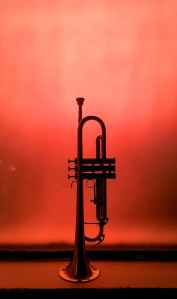 The picture shows a trumpet, almost in shadow against a dramatic red background. The trumpet is standing on its bell with no one holding on to it.