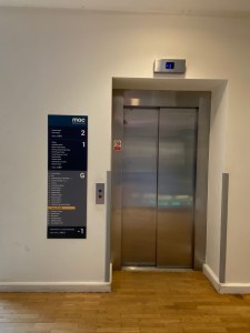 There is lift access to all floors in MAC. This lift takes you from the bottom floor, where there are workshops, toilet/baby change facilities up to the art gallery and theatre doors A and B.
