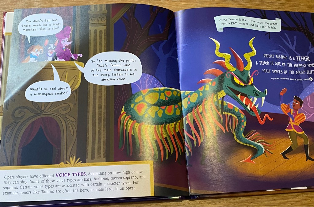 A page from the book with our very fancy dogs watching from a box as a giant serpent scares Prince Tamino on stage. You can also see the various boxes and font types here that show different aspects, such as the blue box that gives information about the opera's plot.
