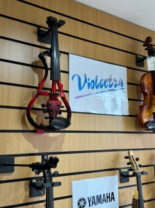 Electric violin range - Violectra - on display in the shop.